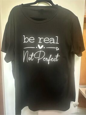SHEIN Black 'Be Real Not Perfect' Short Sleeve Graphic Tee